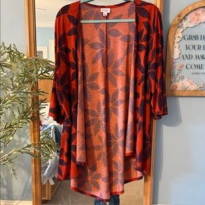 LuLaRoe Rust Orange Open Front Cardigan with Navy Leaf Print